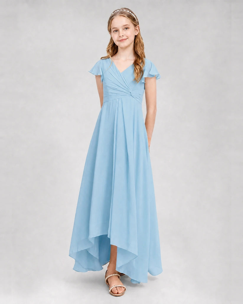 Sky Blue Chiffon V-Neck High-Low Junior Bridesmaid Dresses Front View
