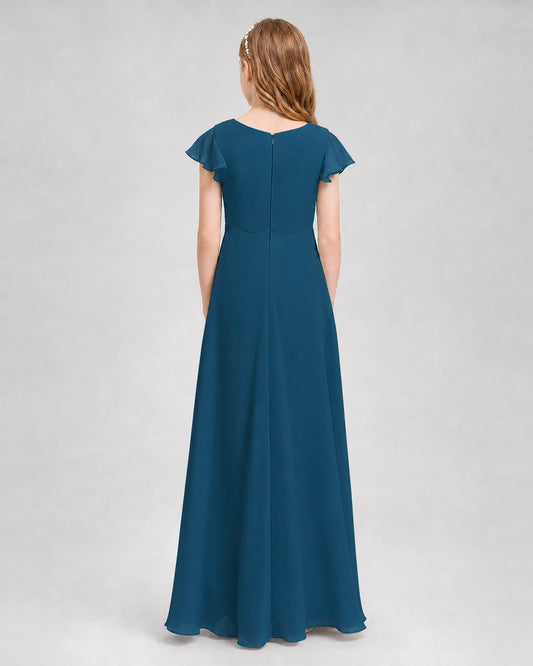 Teal Chiffon A-line Junior Bridesmaid Dress Back View