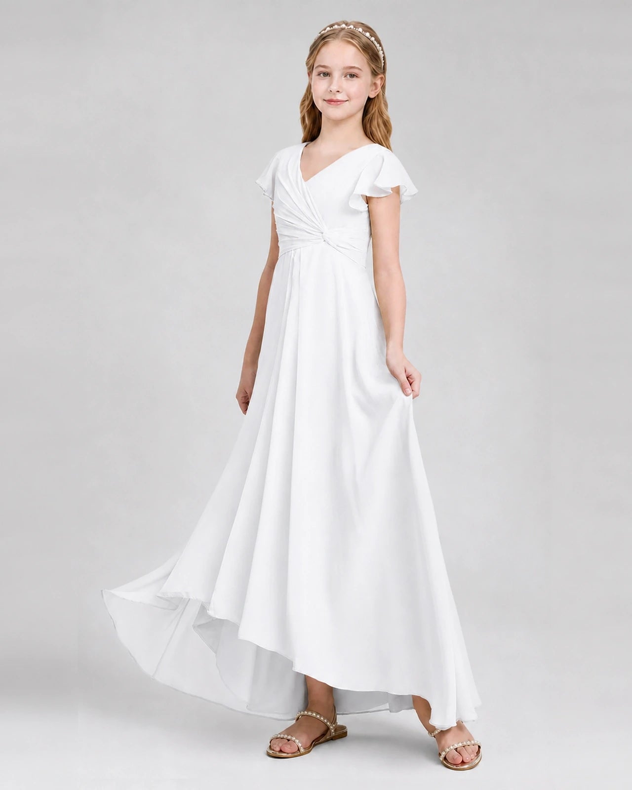 Dideyttawl Flutter Sleeve Chiffon Junior Bridesmaid Dress
