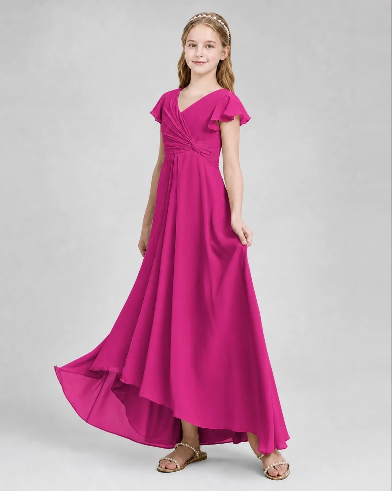 Dideyttawl Flutter Sleeve Chiffon Junior Bridesmaid Dress