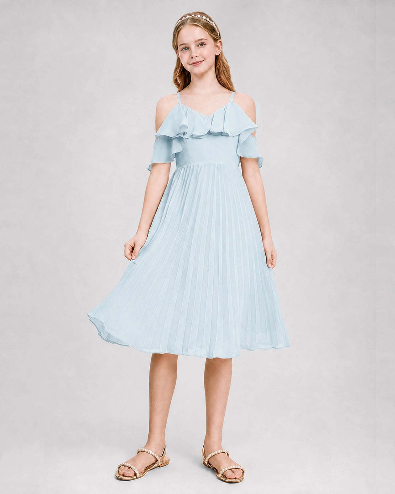 Dideyttawl Cold Shoulder Pleated Chiffon Junior Bridesmaid Dress