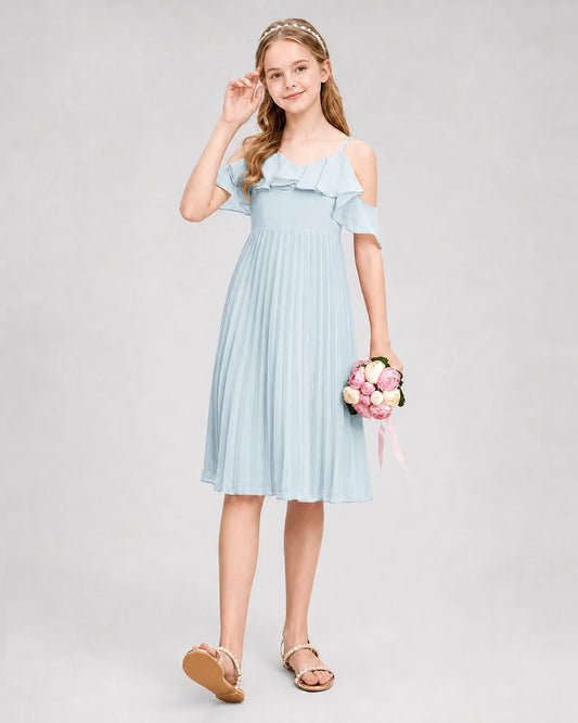 Dideyttawl Cold Shoulder Pleated Chiffon Junior Bridesmaid Dress