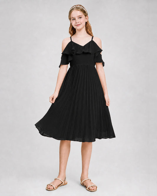 Black Chiffon Cold Shoulder Pleated Junior Bridesmaid Dresses Back View