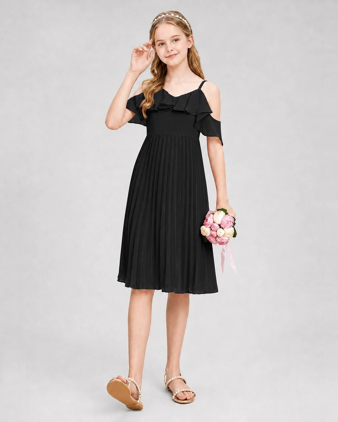 Dideyttawl Cold Shoulder Pleated Chiffon Junior Bridesmaid Dress