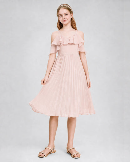 Dideyttawl Cold Shoulder Pleated Chiffon Junior Bridesmaid Dress