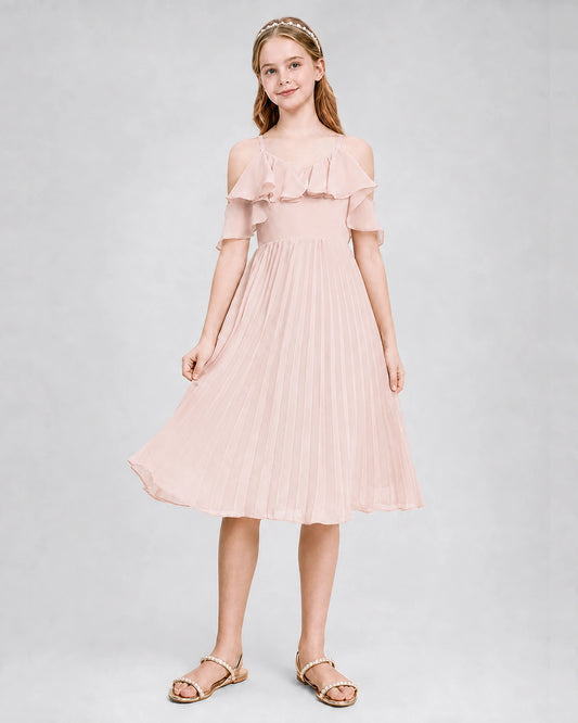 Blush Pink Chiffon Cold Shoulder A-Line Junior Bridesmaid Dresses Back View