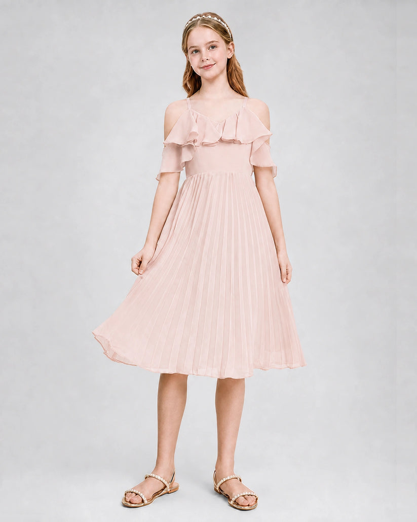 Blush Pink Chiffon Cold Shoulder A-Line Junior Bridesmaid Dresses Back View