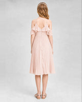 Blush Pink Chiffon Cold-Shoulder Pleated Junior Bridesmaid Dresses Front View