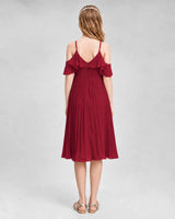 Burgundy chiffon cold shoulder pleated junior bridesmaid dress Front View