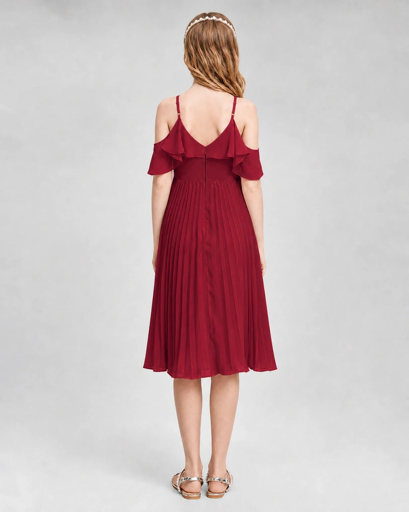 Burgundy chiffon cold shoulder pleated junior bridesmaid dress Front View