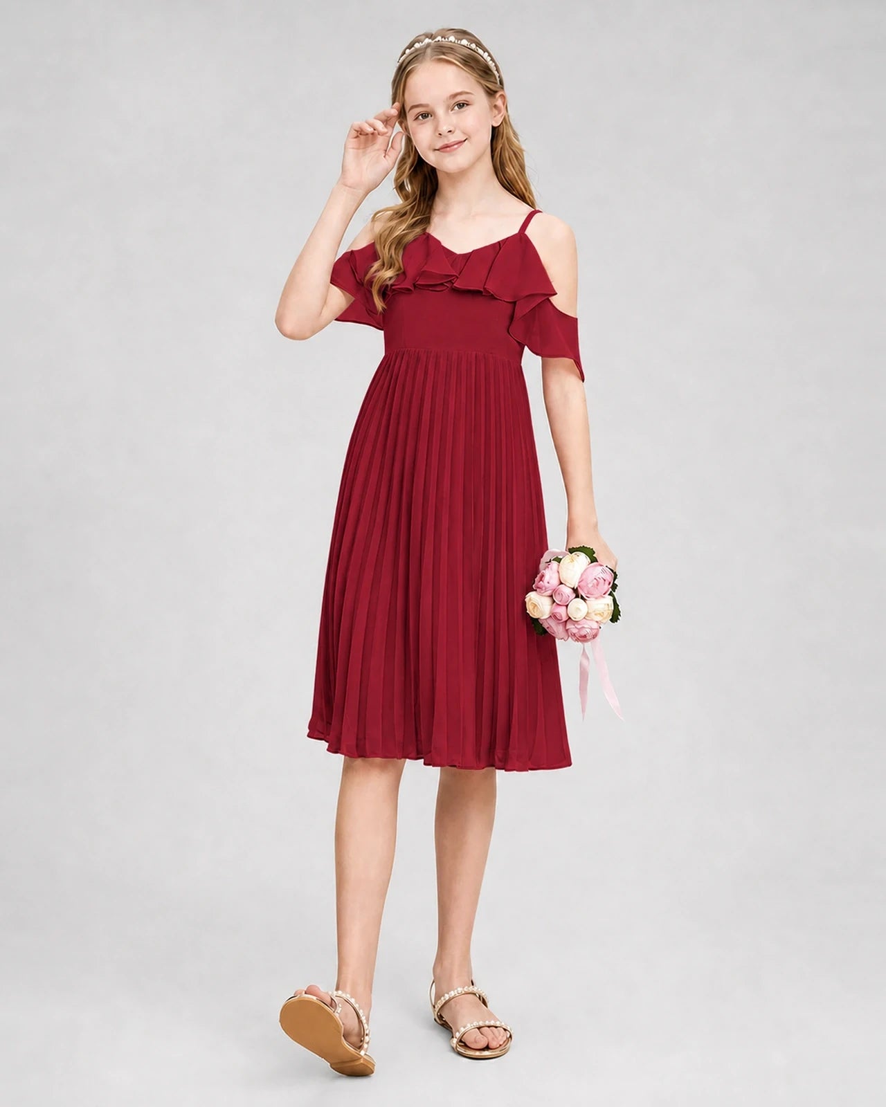 Dideyttawl Cold Shoulder Pleated Chiffon Junior Bridesmaid Dress