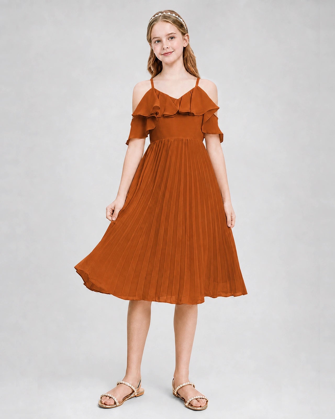 Dideyttawl Cold Shoulder Pleated Chiffon Junior Bridesmaid Dress