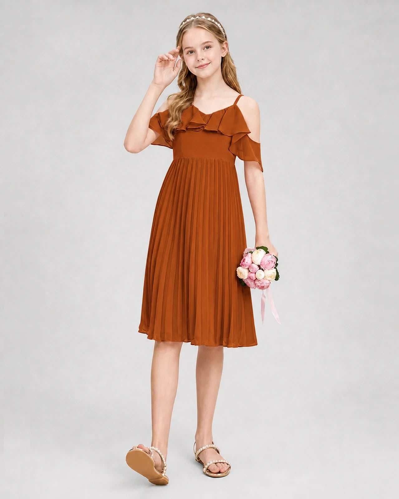 Dideyttawl Cold Shoulder Pleated Chiffon Junior Bridesmaid Dress