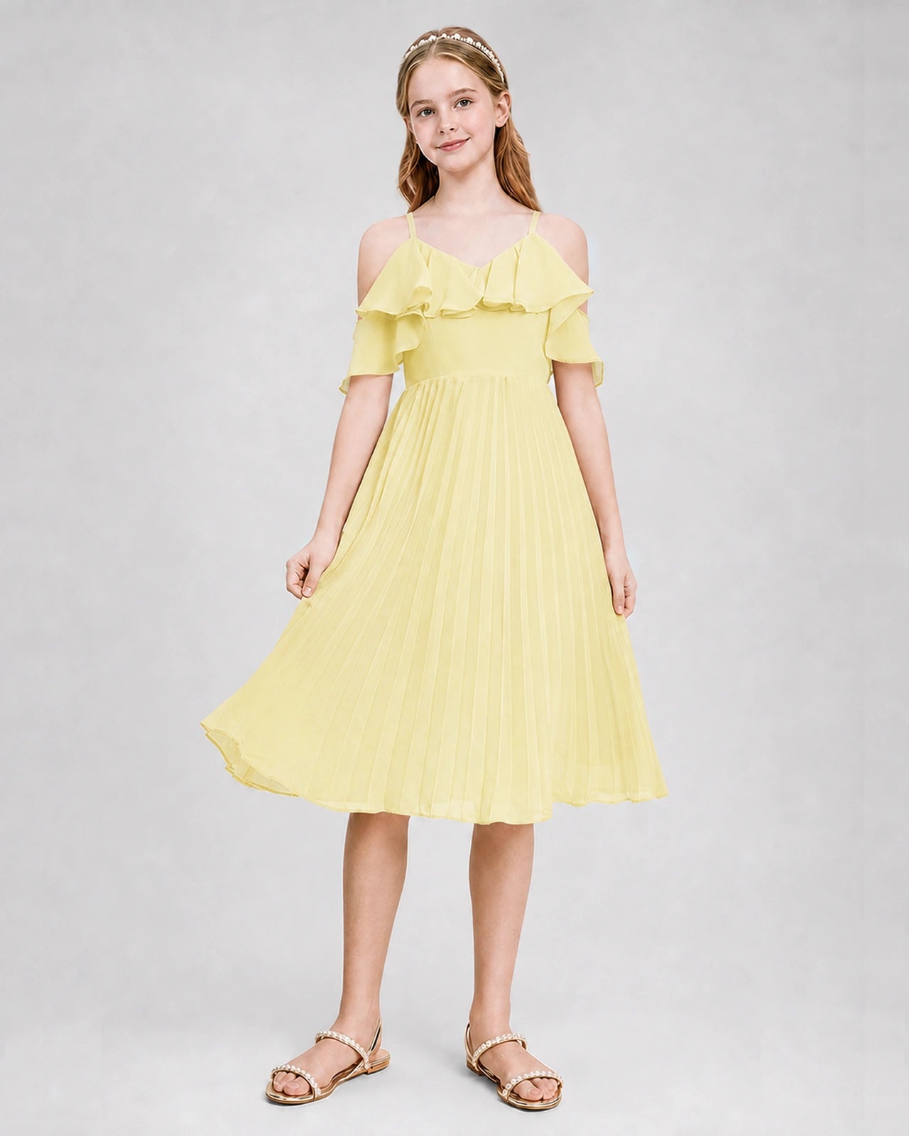 Dideyttawl Cold Shoulder Pleated Chiffon Junior Bridesmaid Dress