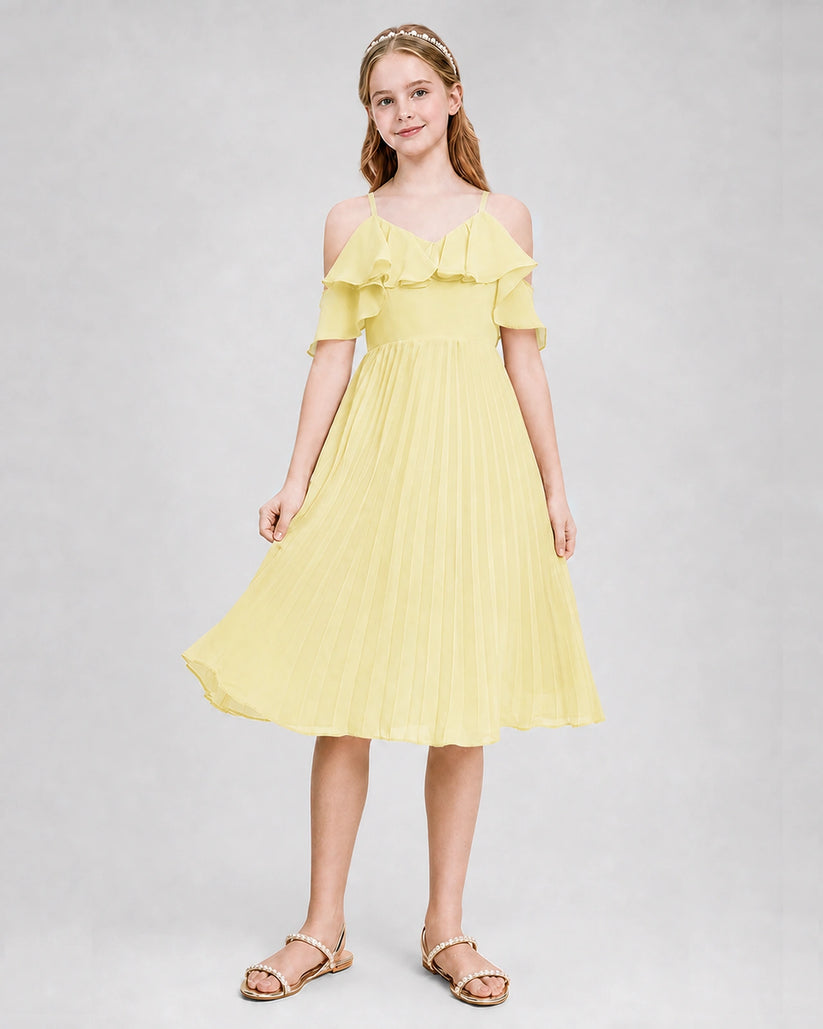 Daffodil Chiffon Ruffled Cold Shoulder Junior Bridesmaid Dresses Back View