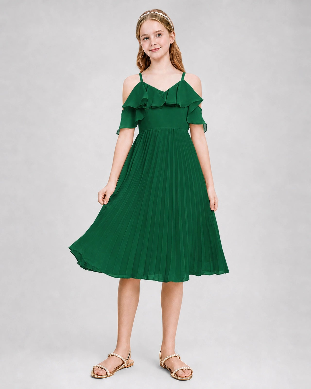 Dideyttawl Cold Shoulder Pleated Chiffon Junior Bridesmaid Dress