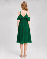 Dark Green Chiffon Cold-Shoulder Pleated Junior Bridesmaid Dresses Front View