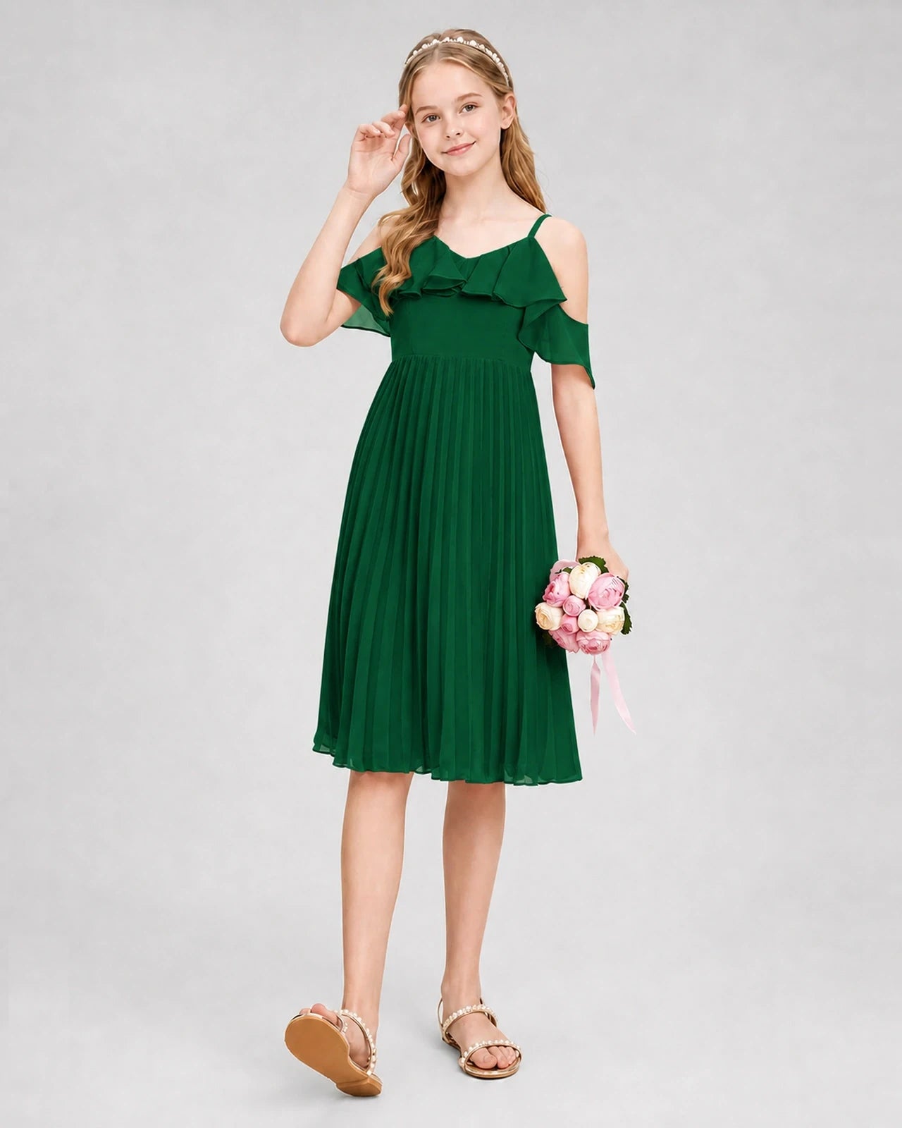 Dideyttawl Cold Shoulder Pleated Chiffon Junior Bridesmaid Dress