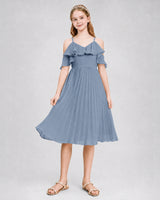 Dusty Blue Chiffon Ruffled Cold Shoulder Pleated Junior Bridesmaid Dresses Back View