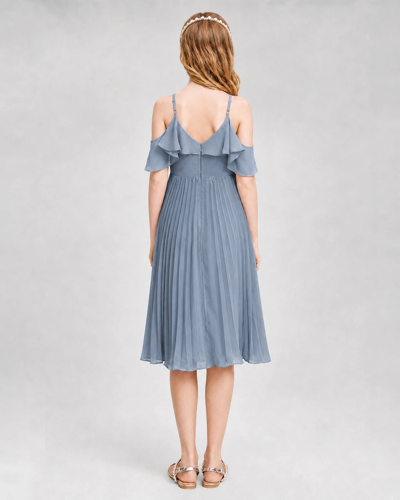 Dusty Blue Chiffon Cold-Shoulder Pleated Junior Bridesmaid Dresses Front View