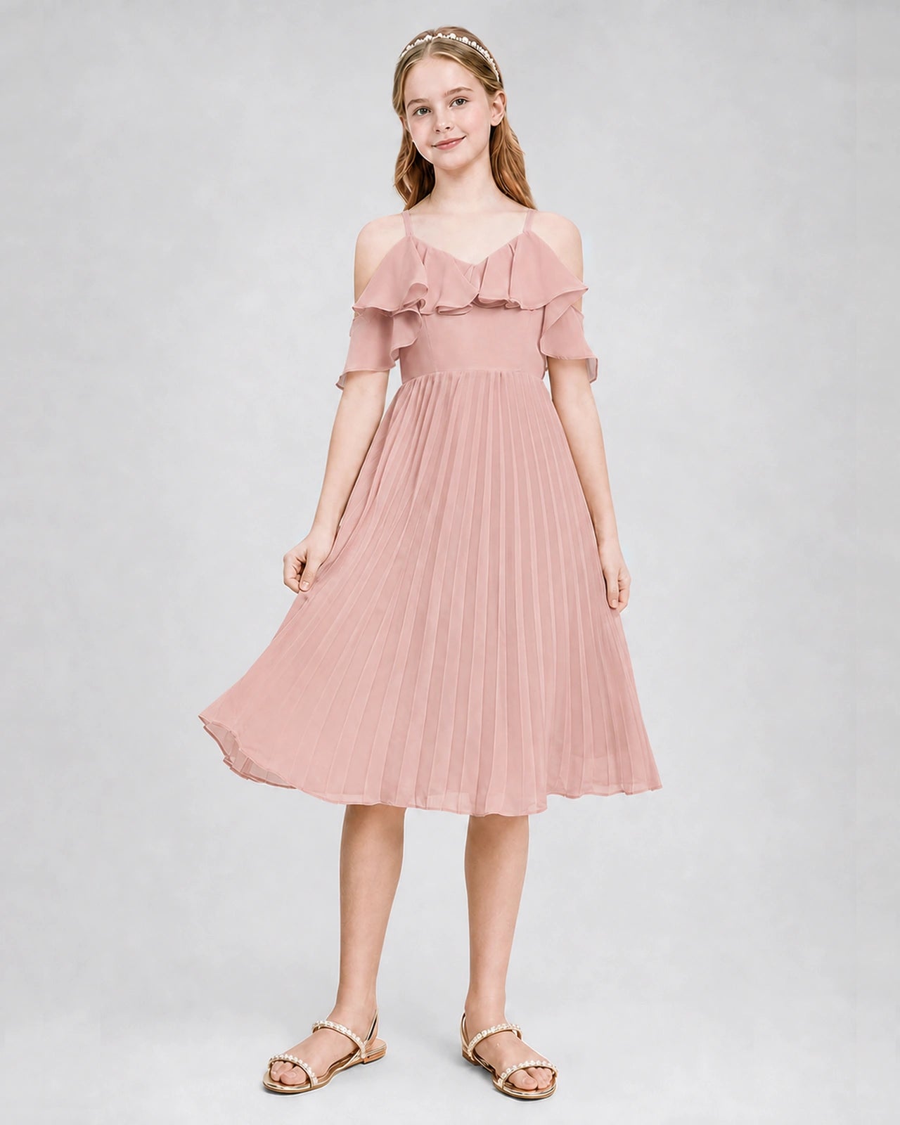 Dideyttawl Cold Shoulder Pleated Chiffon Junior Bridesmaid Dress