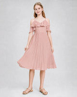 Dusty Rose Chiffon Cold-Shoulder Ruffle Pleated Junior Bridesmaid Dresses Back View