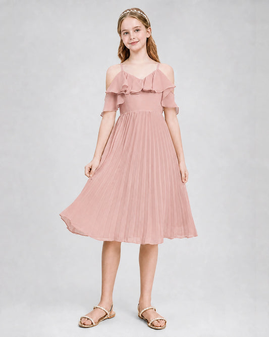 Dusty Rose Chiffon Cold-Shoulder Ruffle Pleated Junior Bridesmaid Dresses Back View