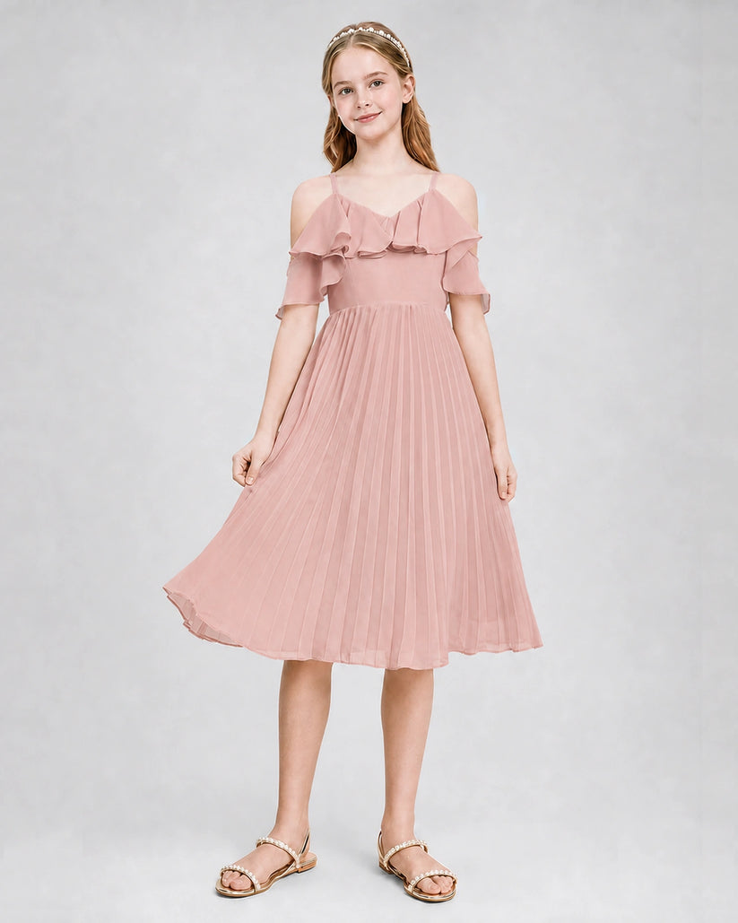 Dusty Rose Chiffon Cold-Shoulder Ruffle Pleated Junior Bridesmaid Dresses Back View