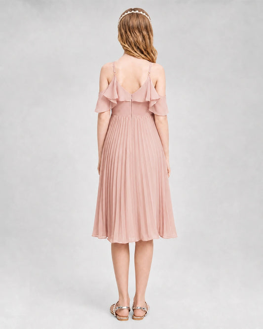 Dusty Rose Chiffon Cold Shoulder Pleated Junior Bridesmaid Dresses Front View