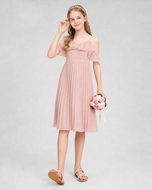 Dusty Rose Chiffon Cold Shoulder Pleated Junior Bridesmaid Dresses Side View