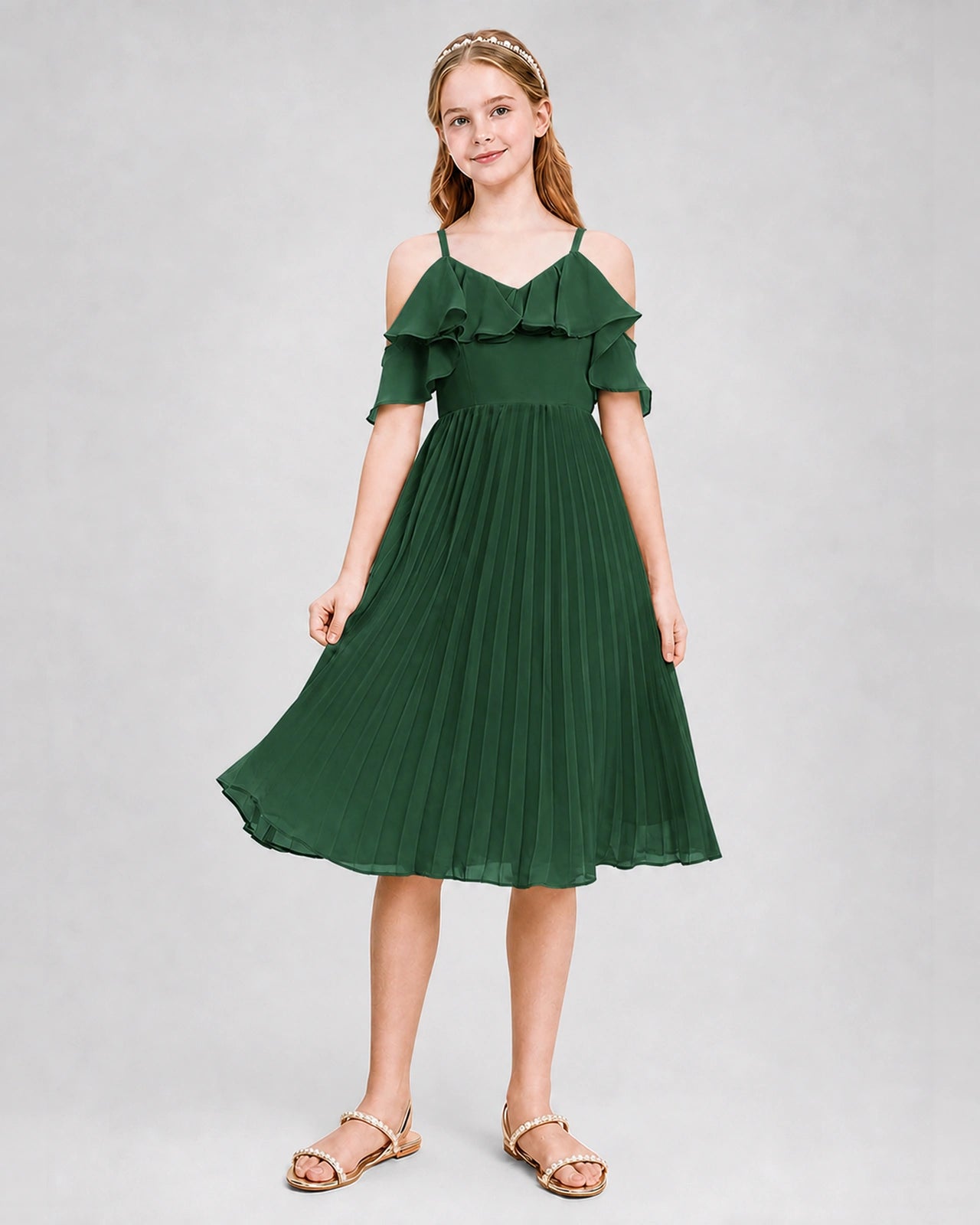 Dideyttawl Cold Shoulder Pleated Chiffon Junior Bridesmaid Dress