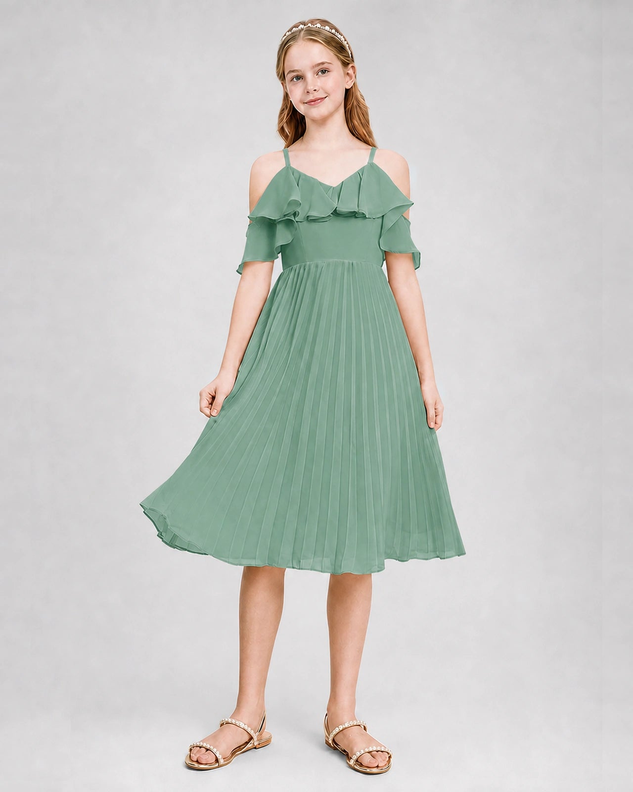 Dideyttawl Cold Shoulder Pleated Chiffon Junior Bridesmaid Dress
