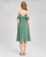 Eucalyptus Chiffon Cold Shoulder Pleated Junior Bridesmaid Dresses Front View