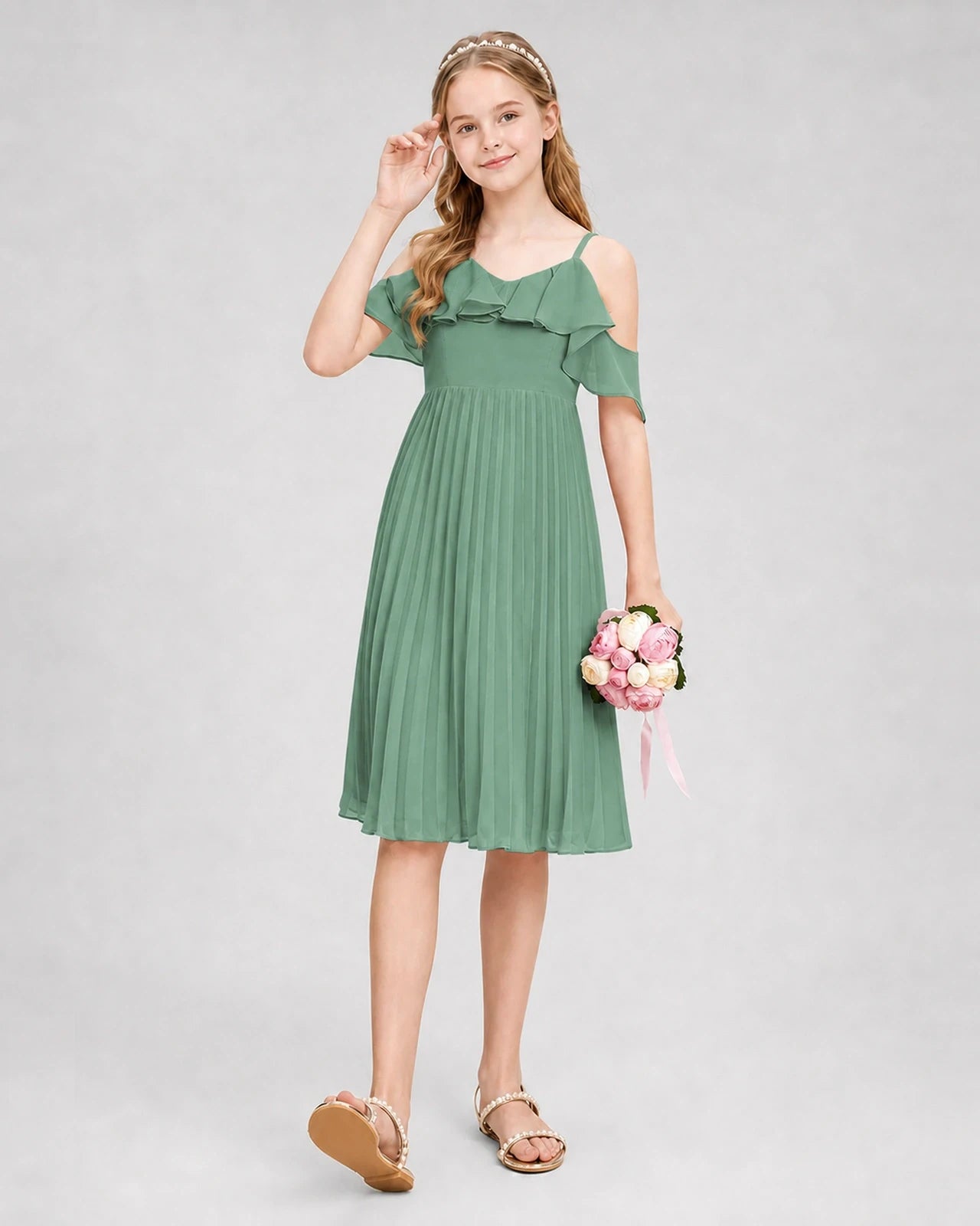 Dideyttawl Cold Shoulder Pleated Chiffon Junior Bridesmaid Dress