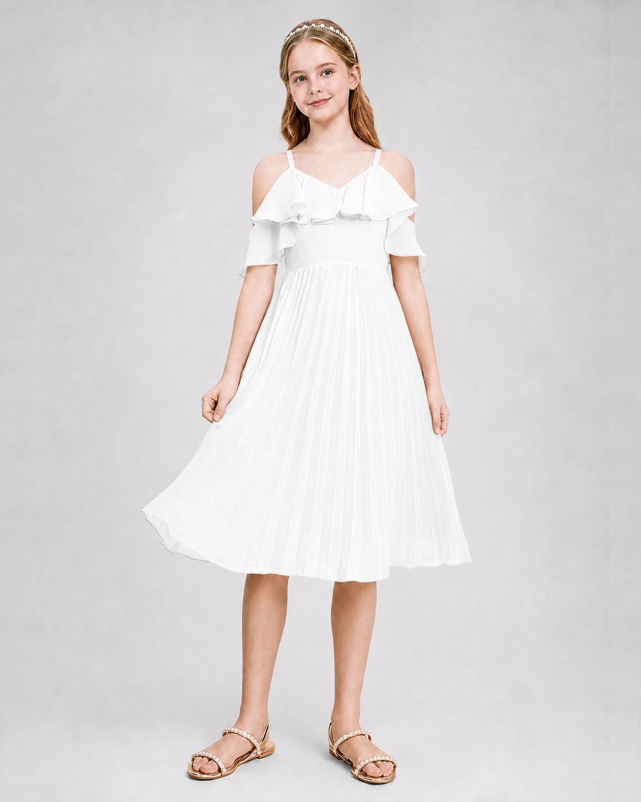 Dideyttawl Cold Shoulder Pleated Chiffon Junior Bridesmaid Dress