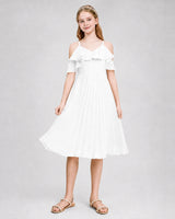 Ivory Chiffon Cold Shoulder Pleated Junior Bridesmaid Dresses Back View