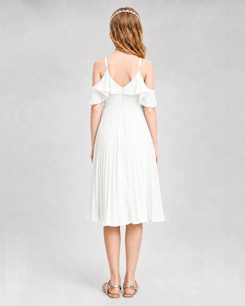 Ivory Chiffon Cold Shoulder Pleated Junior Bridesmaid Dresses Front View