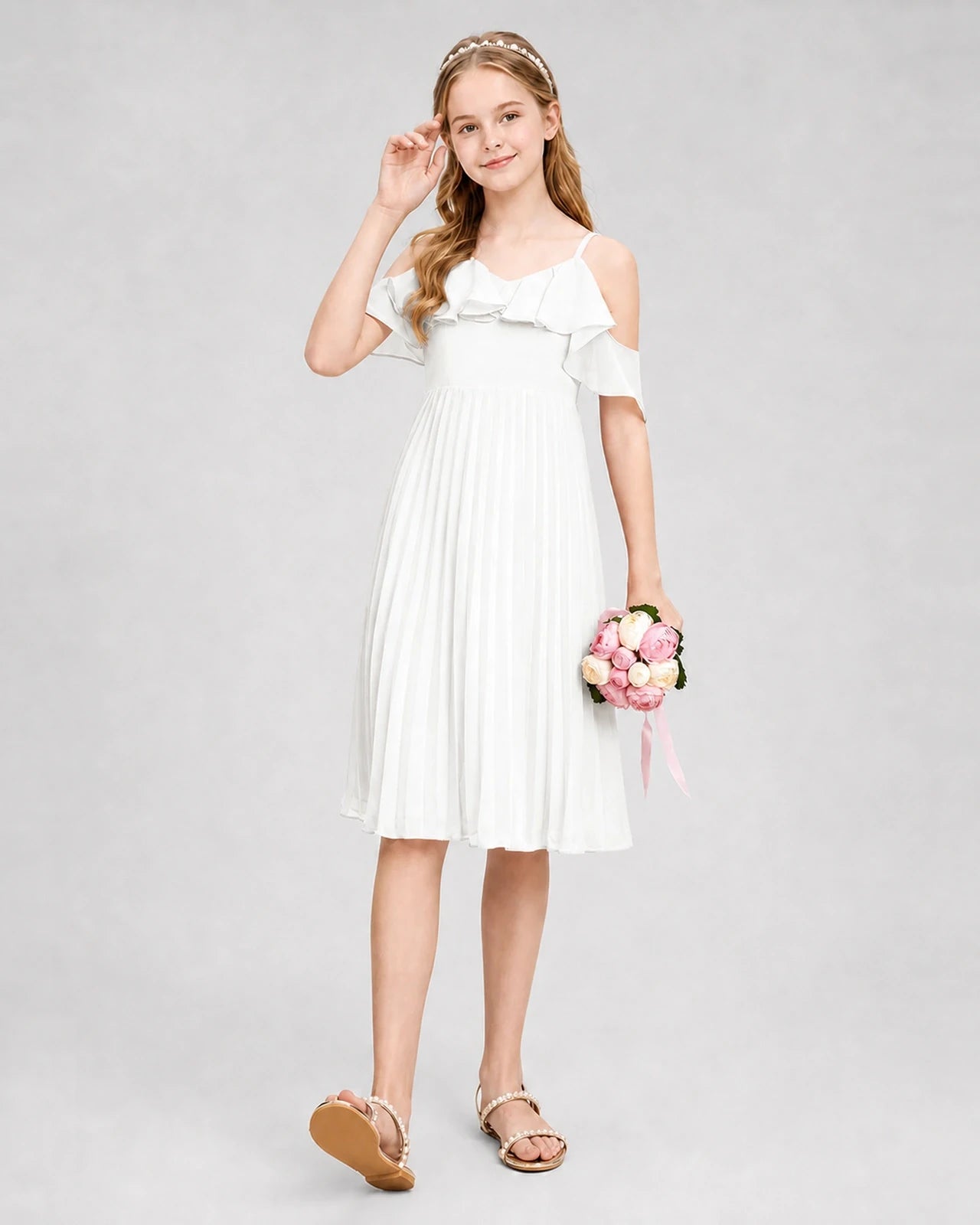 Dideyttawl Cold Shoulder Pleated Chiffon Junior Bridesmaid Dress
