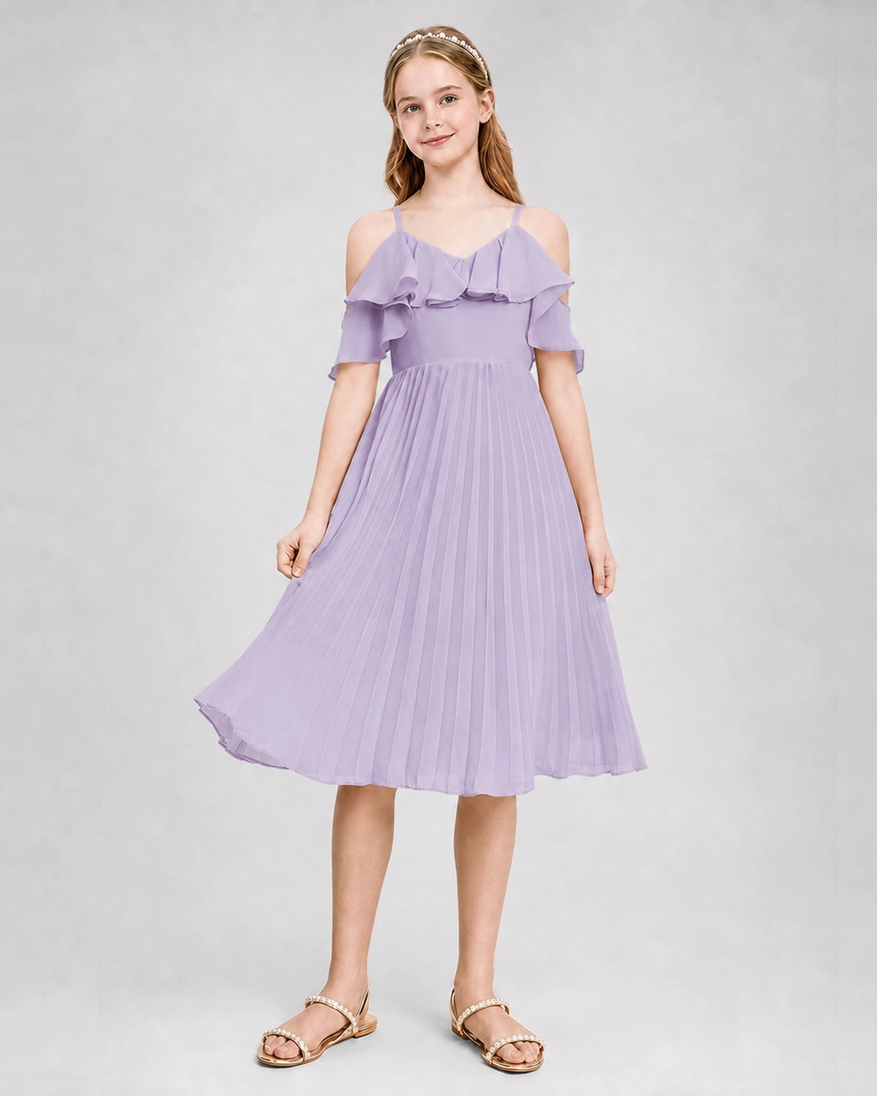 Dideyttawl Cold Shoulder Pleated Chiffon Junior Bridesmaid Dress