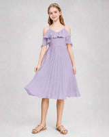 Lavender chiffon cold shoulder pleated junior bridesmaid dress, back view