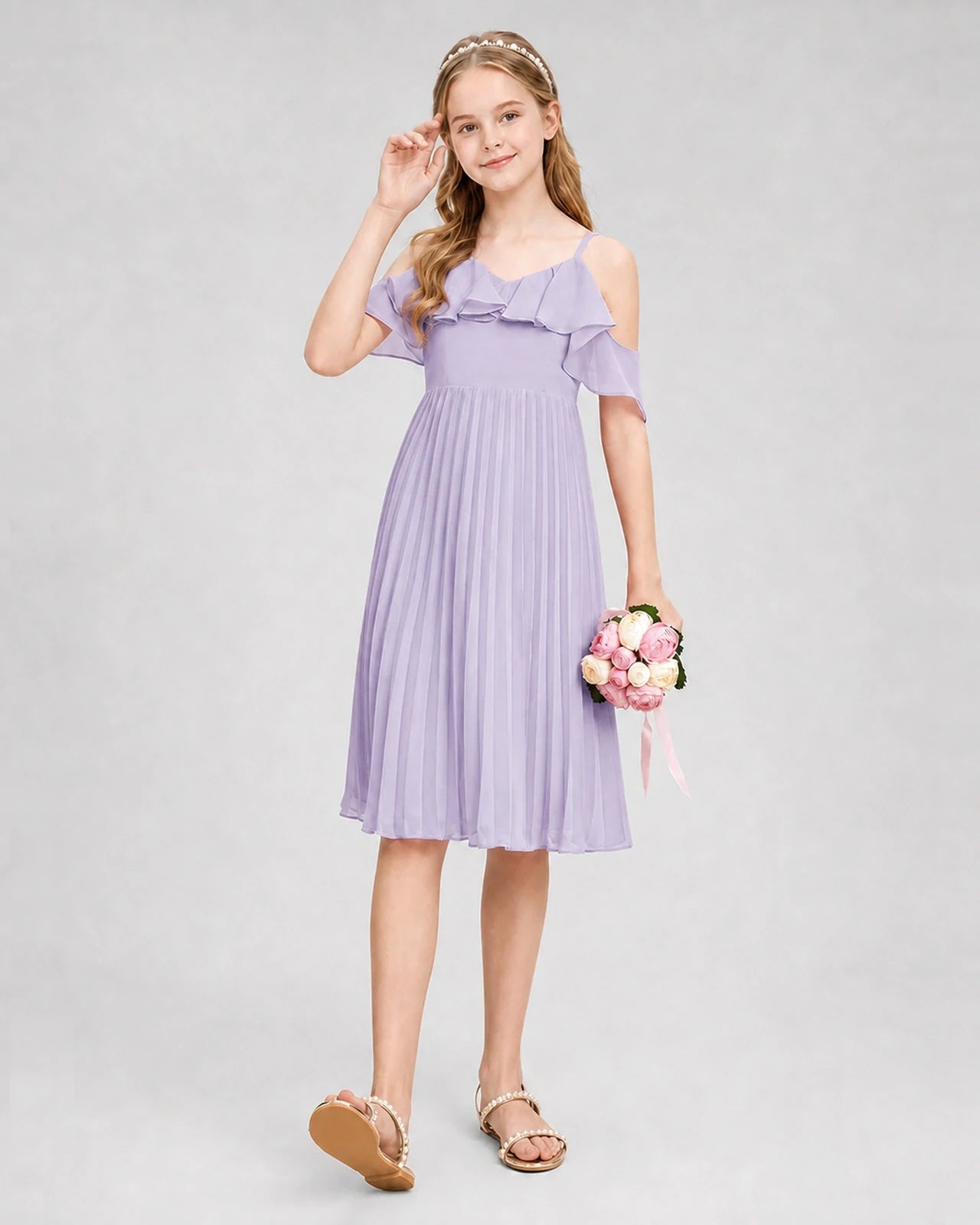 Dideyttawl Cold Shoulder Pleated Chiffon Junior Bridesmaid Dress