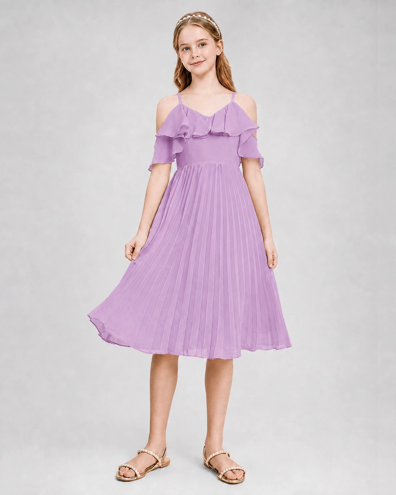 Dideyttawl Cold Shoulder Pleated Chiffon Junior Bridesmaid Dress