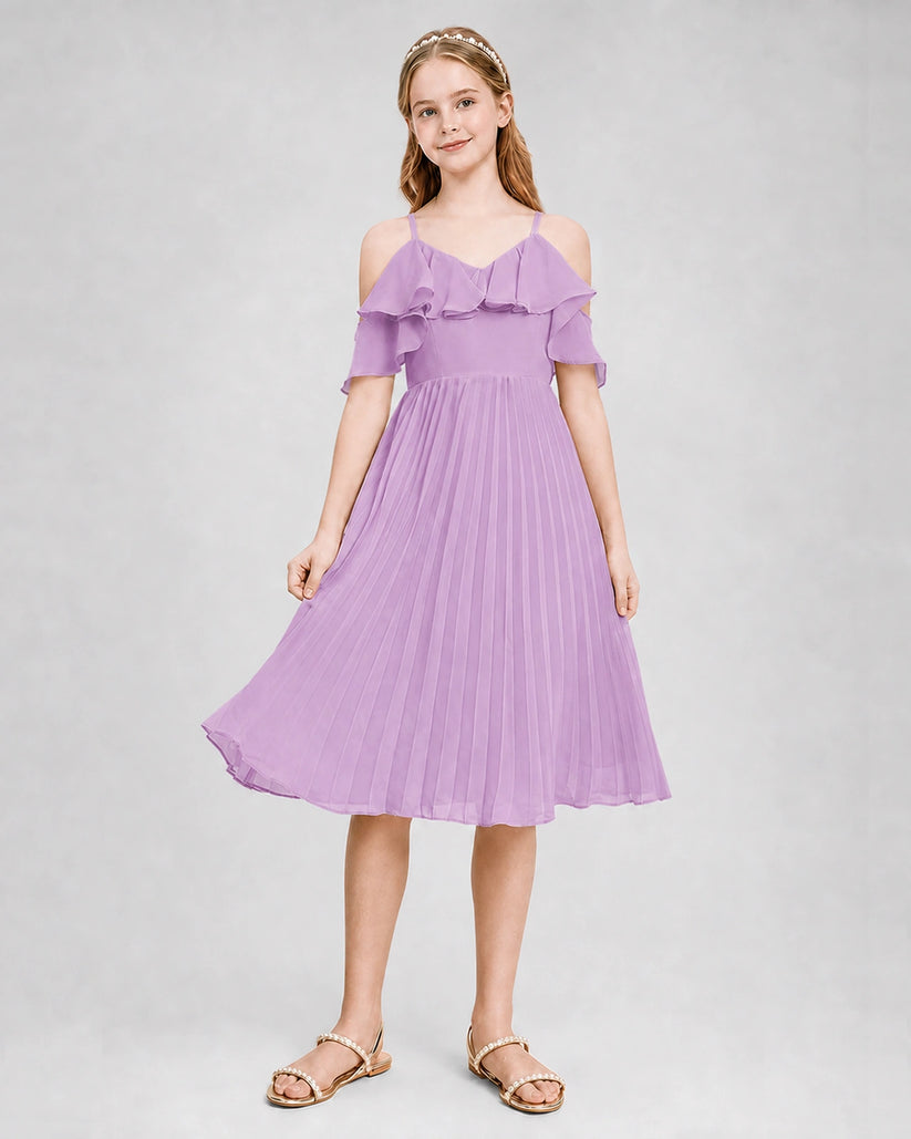 Lilac Chiffon Pleated Cold Shoulder Junior Bridesmaid Dresses Back View