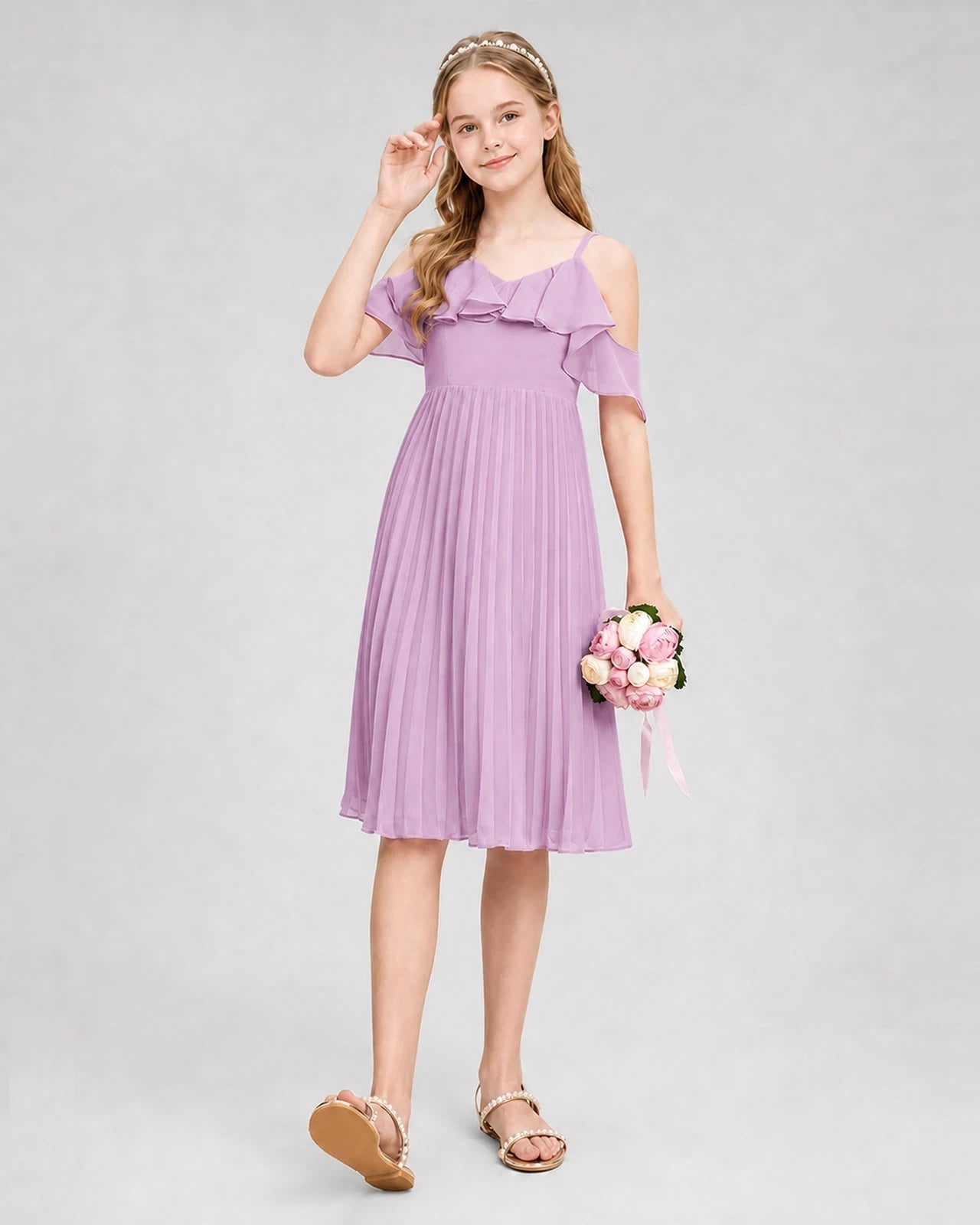 Dideyttawl Cold Shoulder Pleated Chiffon Junior Bridesmaid Dress