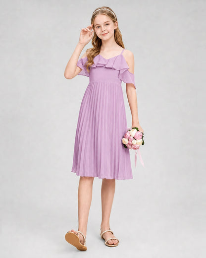 Dideyttawl Cold Shoulder Pleated Chiffon Junior Bridesmaid Dress