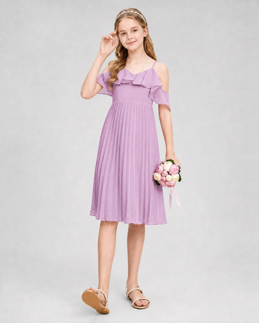Lilac Chiffon Cold-Shoulder Pleated Junior Bridesmaid Dresses Side View