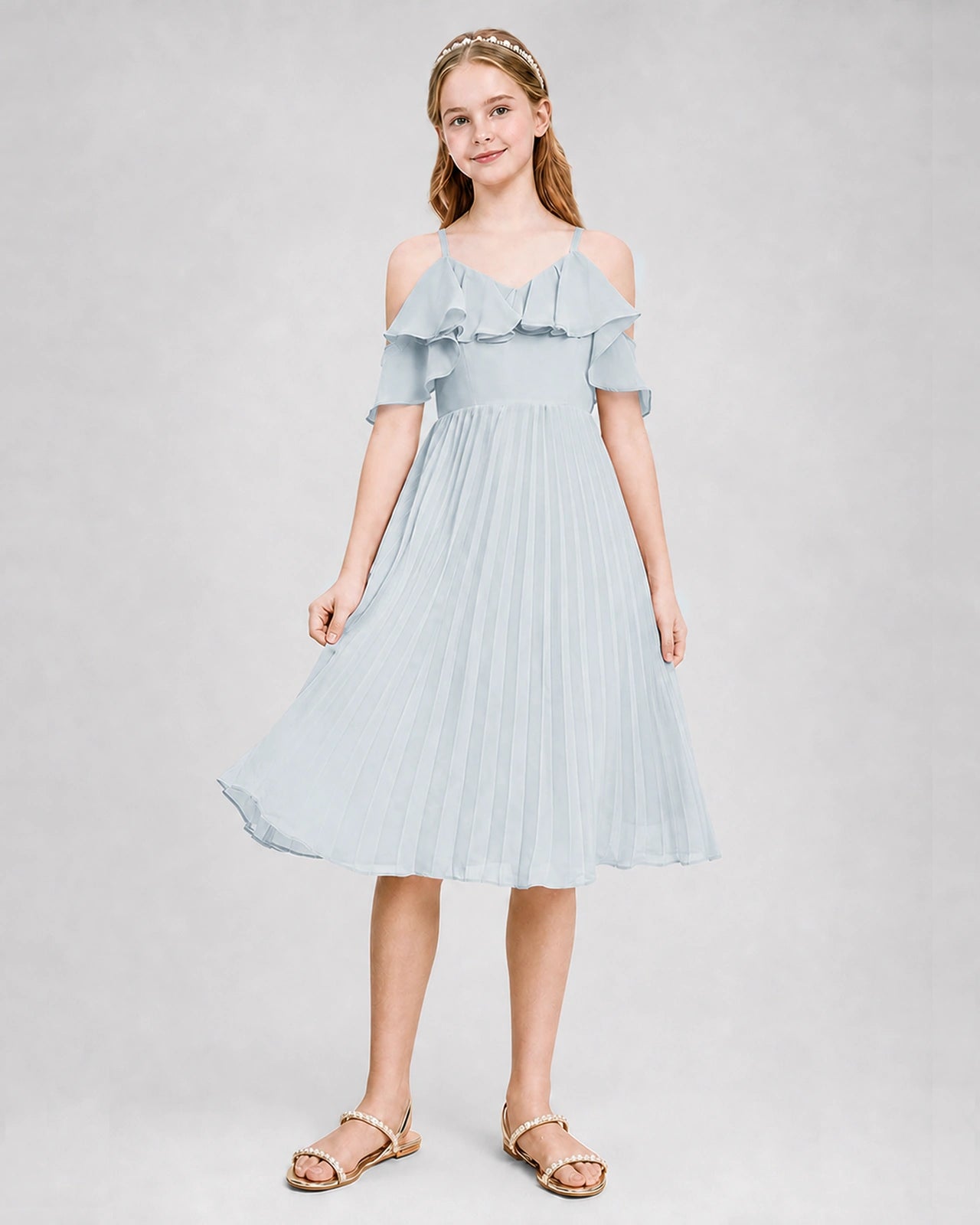 Dideyttawl Cold Shoulder Pleated Chiffon Junior Bridesmaid Dress