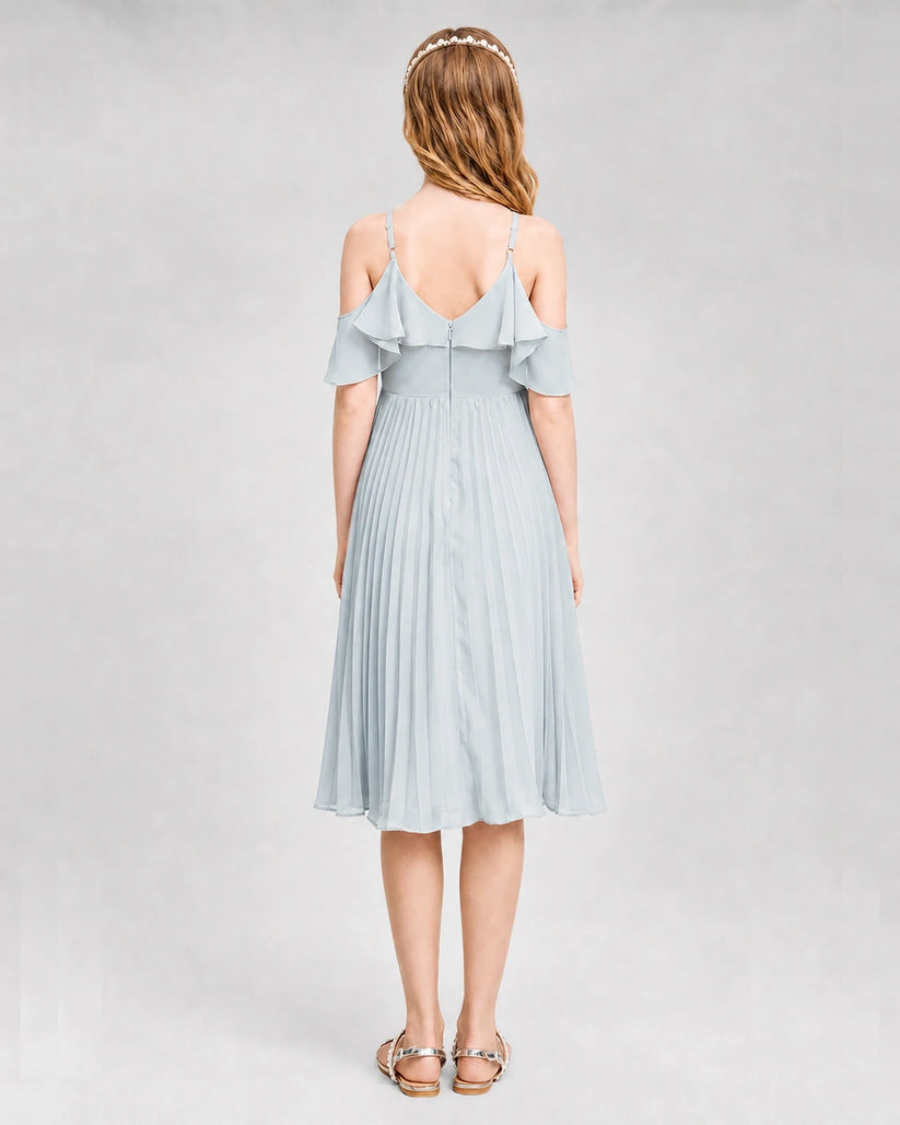 Mist Chiffon Cold Shoulder Pleated Junior Bridesmaid Dress Front View