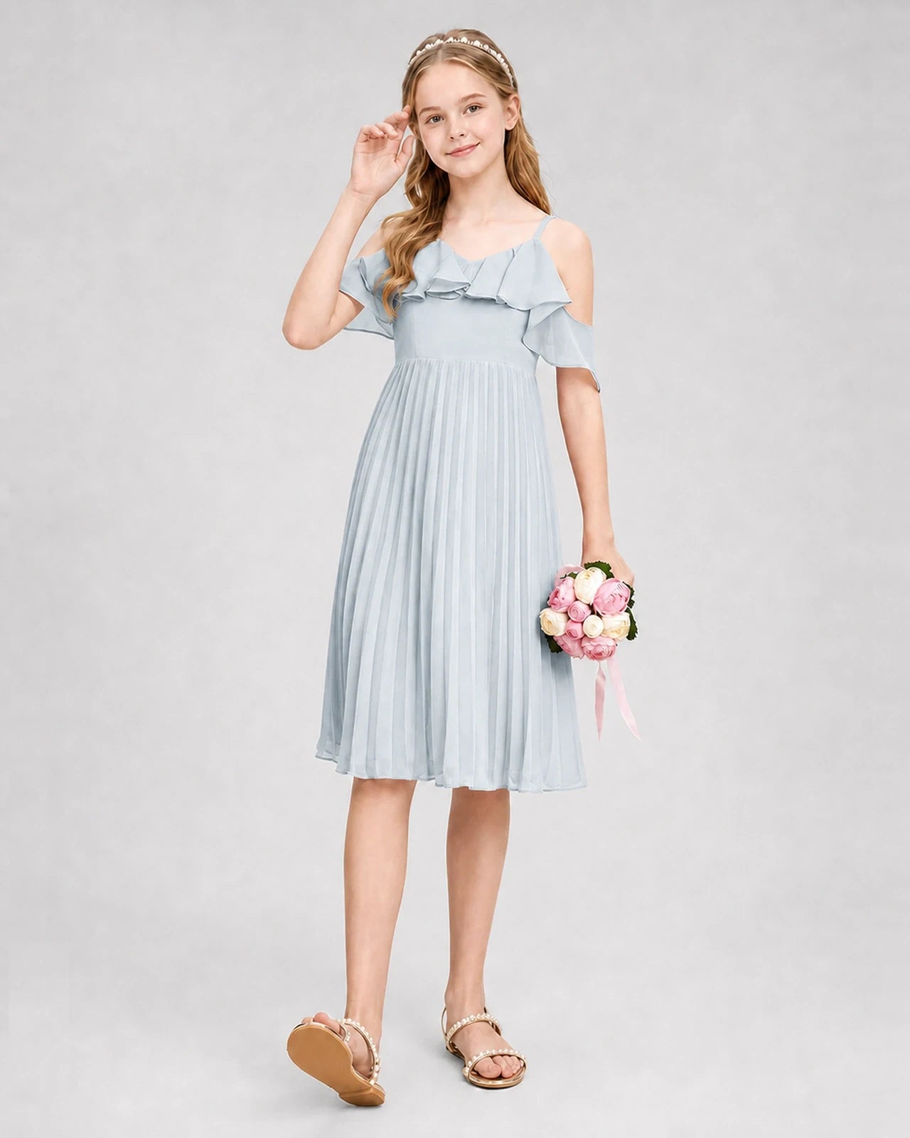 Dideyttawl Cold Shoulder Pleated Chiffon Junior Bridesmaid Dress