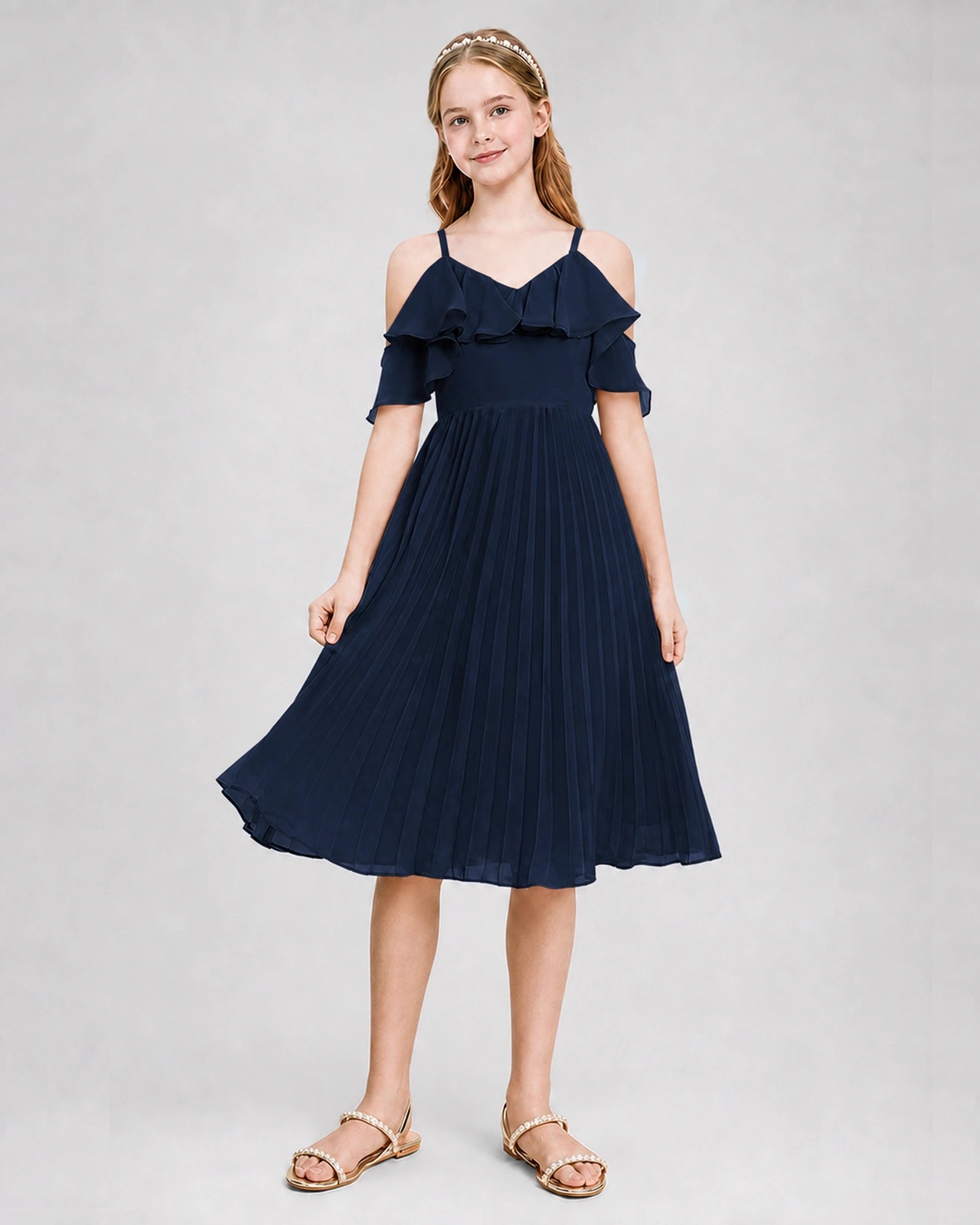 Dideyttawl Cold Shoulder Pleated Chiffon Junior Bridesmaid Dress